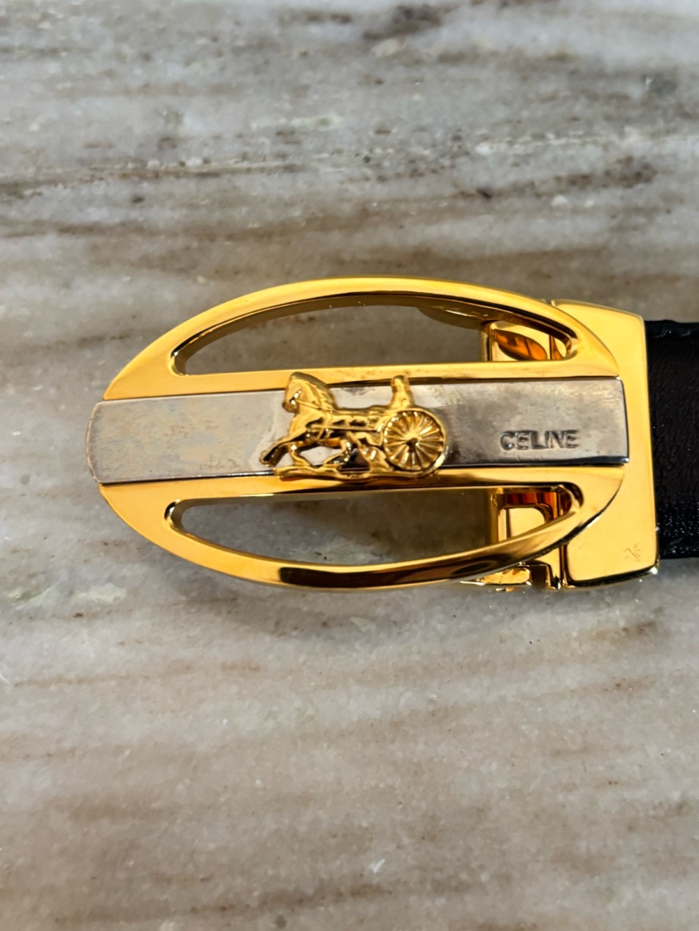 Vintage Celine Horse Carriage Reversible Leather Belt Black & Burgundy Gold - Picture 5 of 14